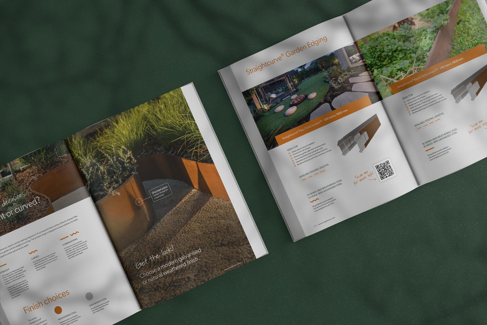 Straightcurve brochures opened on a green background.