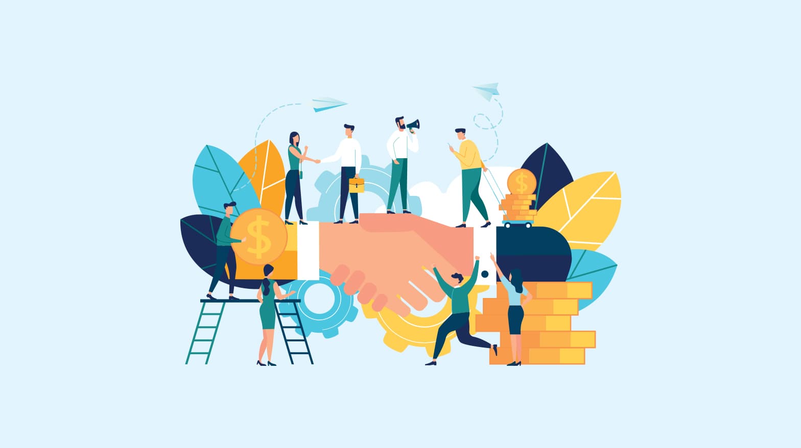 Illustration of a team build a project together