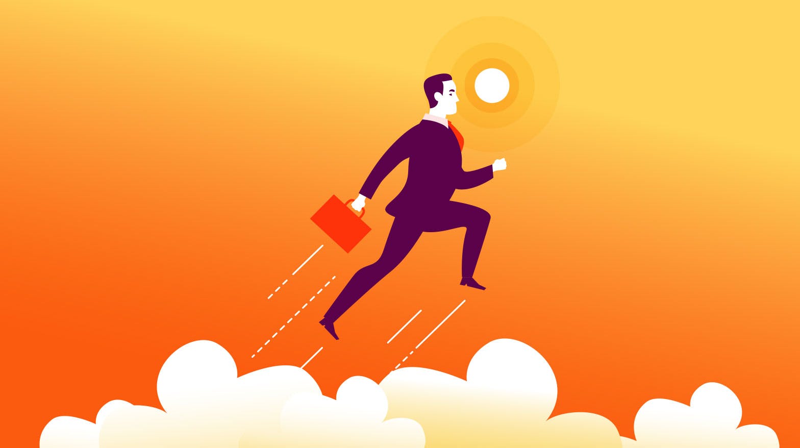 Illustration of a man in a suit leaping out of a cloud