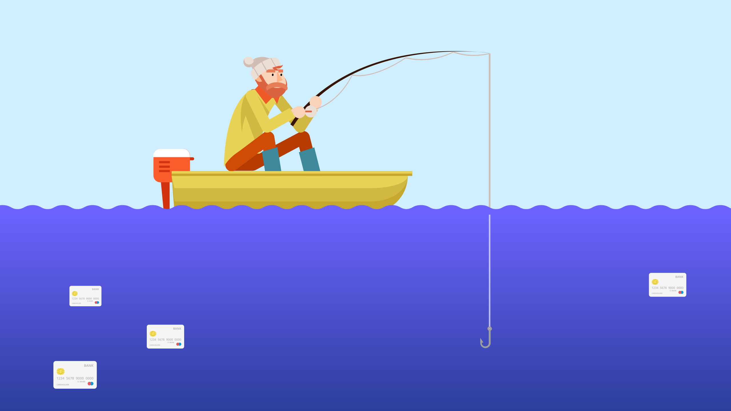 Illustration of online phishing - A man fishing for credit cards