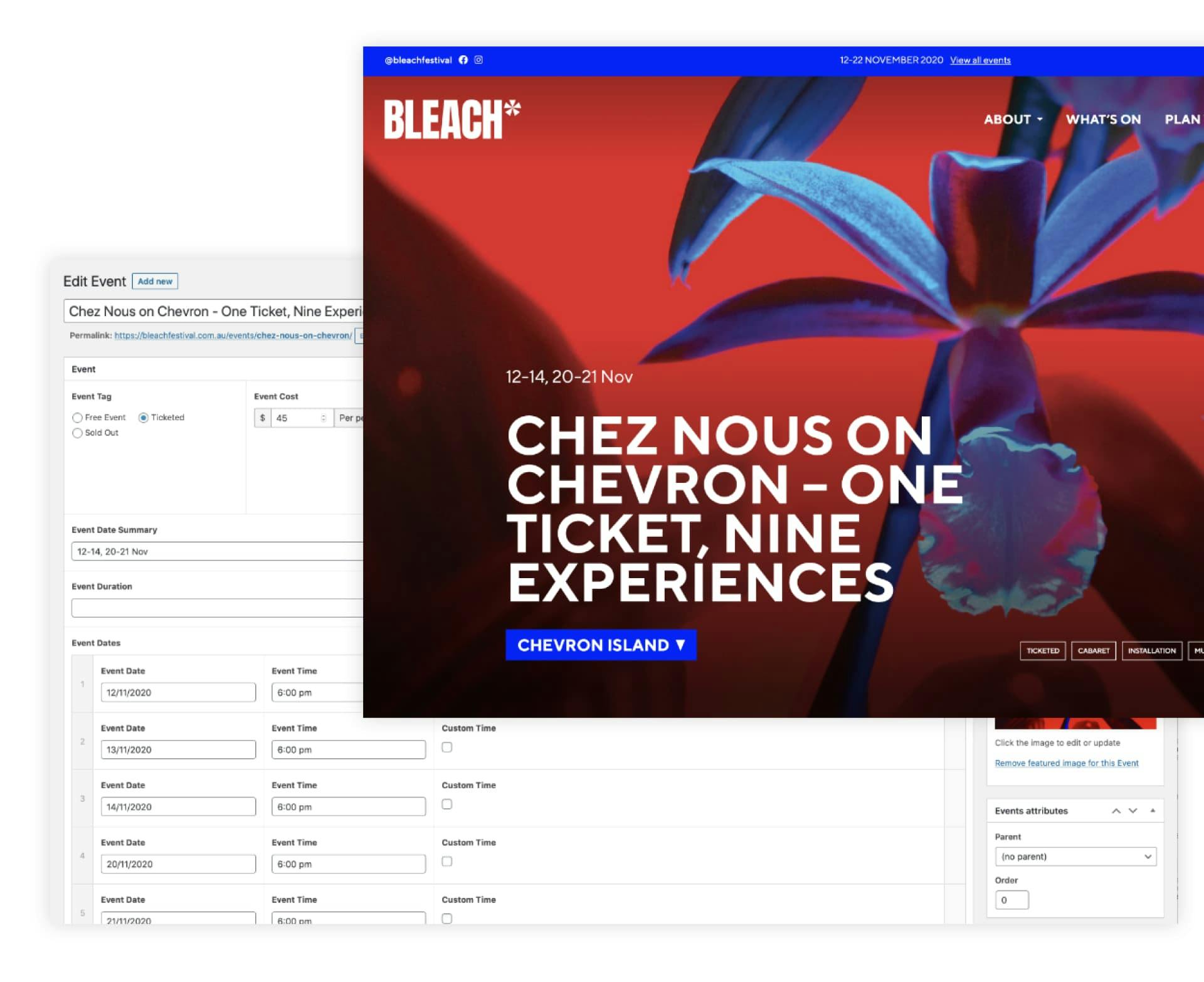Bleach* Festival website. Showcasing backend and frontend setup