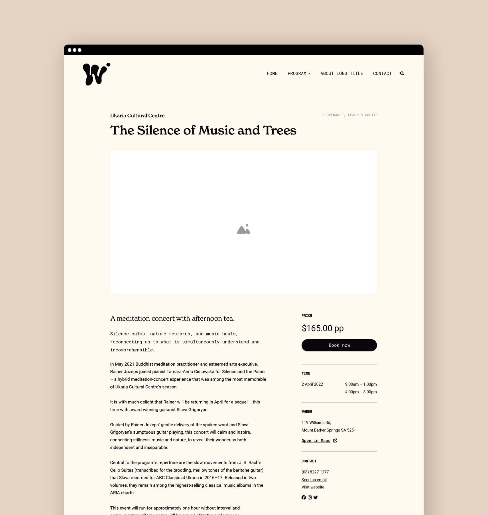 Wellness Wander website wireframe of the event page