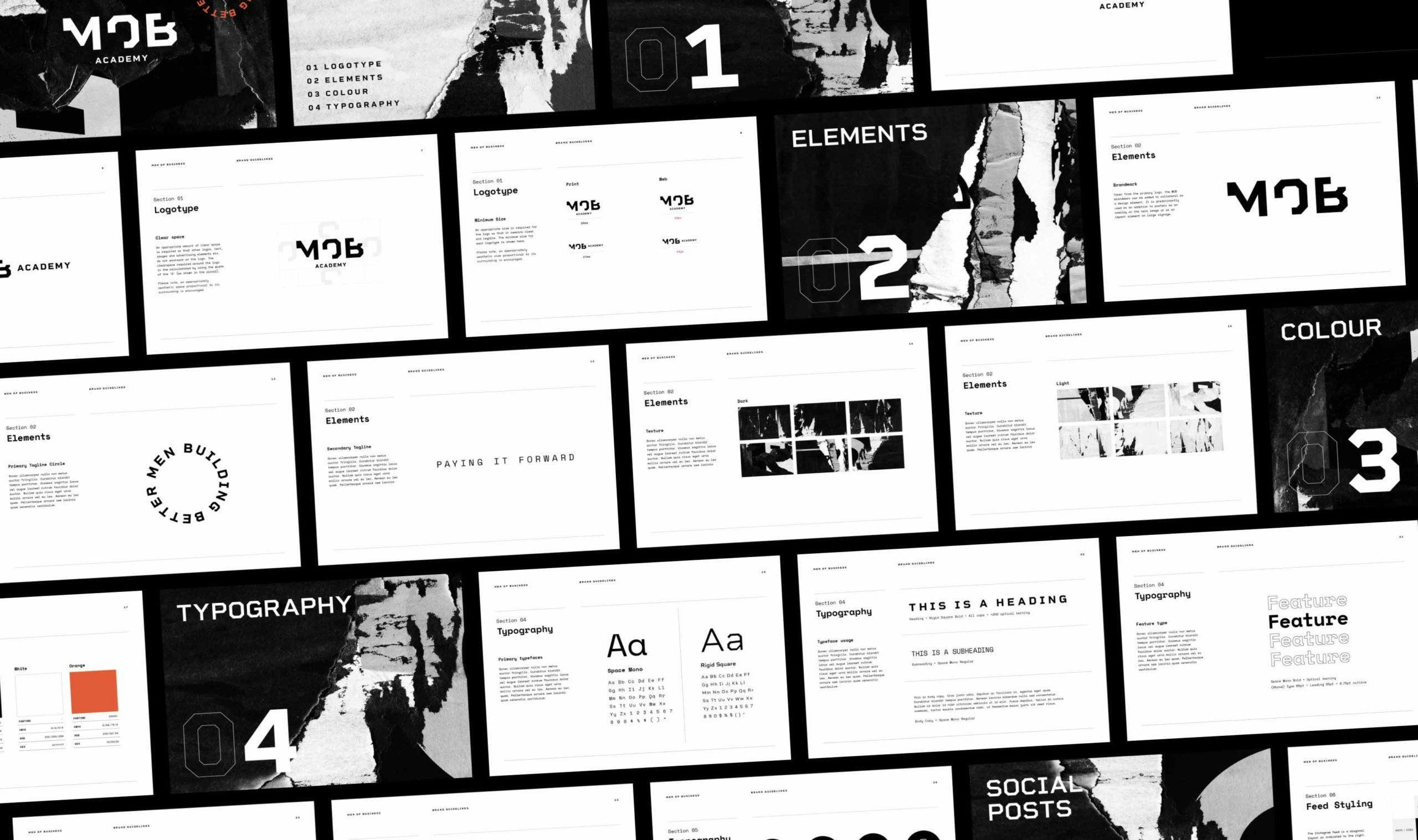 A collage of different Men of Business Academy brand elements